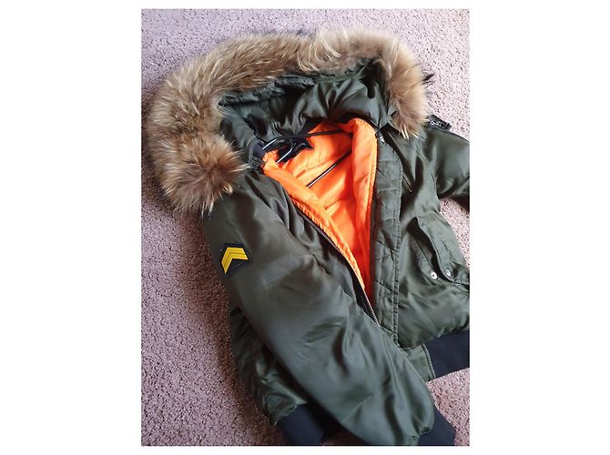 Autre Marque Chaqueta de tela kaki con piel real extraíble Talla M Caqui - vista 2
