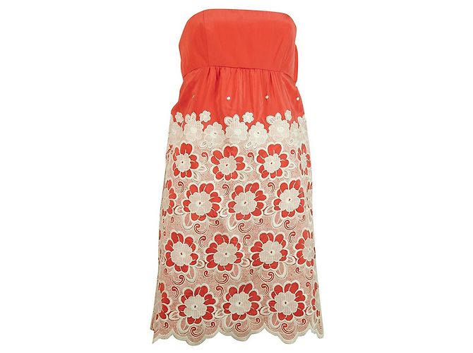 Tibi 100% Silk Red & White Floral trägerloses Minikleid Größe 2 Rot - Ansicht 7