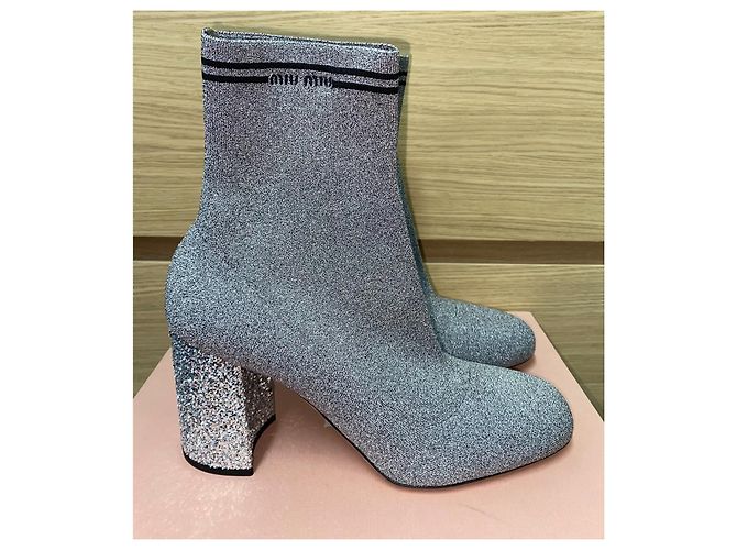 Miu Miu silver glitter leather sock boots Silvery - view 3
