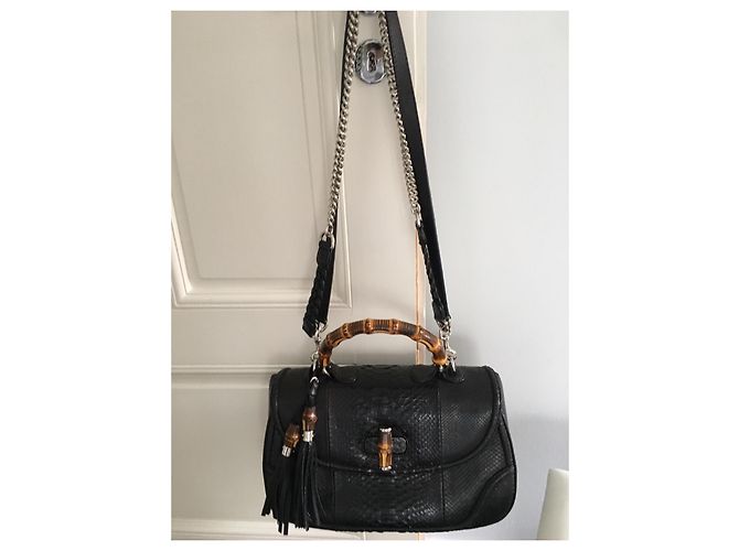 Gucci Bamboo Handtasche aus Pythonleder Schwarz Silber Hardware - Ansicht 9