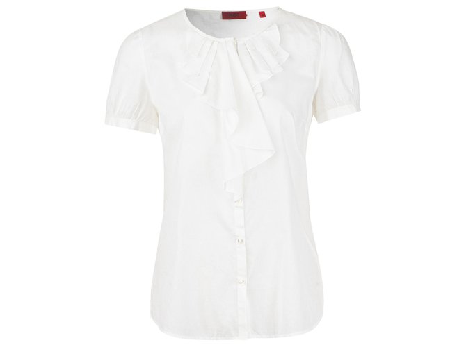 Hugo Boss Ruffle Details Shift Top Tops Cotton White ref ...