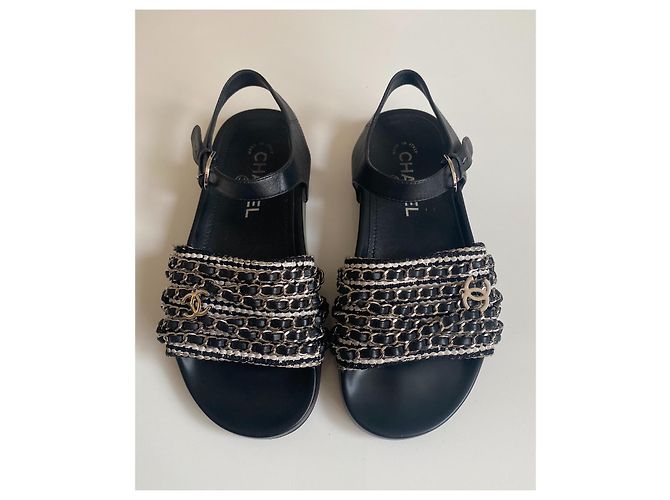 Sandali Chanel Dad in pelle nera e tweed con catena d'argento Nero - vista 2