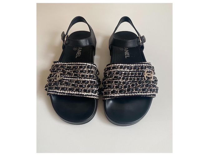 Sandali Chanel Dad in pelle nera e tweed con catena d'argento Nero - vista 3