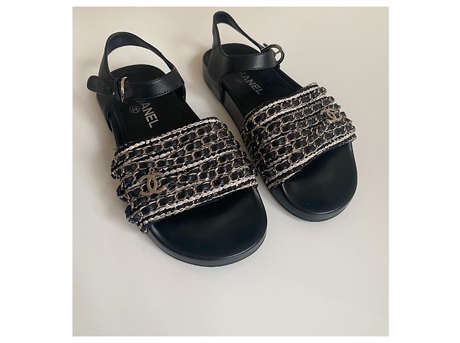 Sandali Chanel Dad in pelle nera e tweed con catena d'argento Nero - vista 4