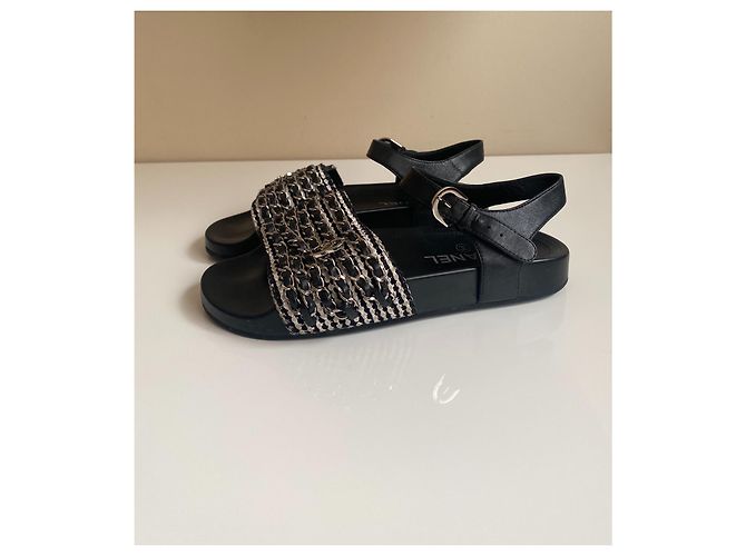 Sandali Chanel Dad in pelle nera e tweed con catena d'argento Nero - vista 5