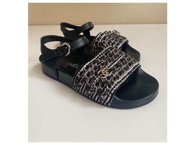 Sandali Chanel Dad in pelle nera e tweed con catena d'argento Nero - vista 6
