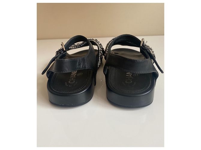 Sandali Chanel Dad in pelle nera e tweed con catena d'argento Nero - vista 8