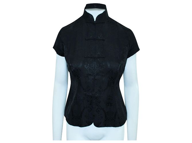 Shanghai Tang Camicia goffrata in seta nera stile Cheongsam Nero - vista 2