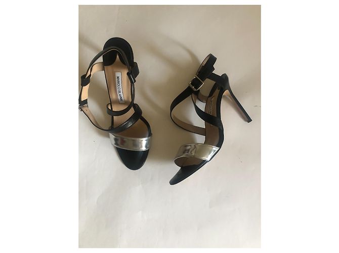 Sandali Manolo Blahnik argento metallizzato e pelle nera Nero - vista 2