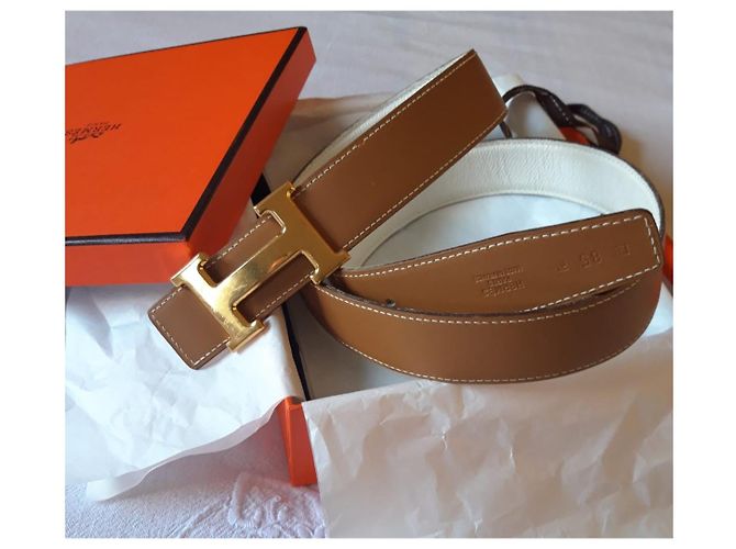 Constance Hermès Gürtel Konstanz Gürtel 32 mm Größe. 85 Weiß Hellbraun Gold hardware - Ansicht 10