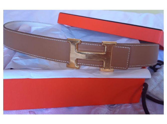 Constance Hermès Gürtel Konstanz Gürtel 32 mm Größe. 85 Weiß Hellbraun Gold hardware - Ansicht 2