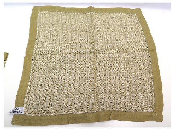 Hermès LOT HERMES 4 SERVIETTES DE TABLE MOTIFS GEOMETRIQUES EN  LIN CAMEL LINEN NAPKINS - vue 6