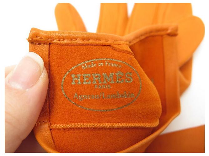 Hermès HERMES EVELYNE H LUVAS FURADAS EM COURO ORANGE LAMB 7 luvas de couro Laranja - vista 4