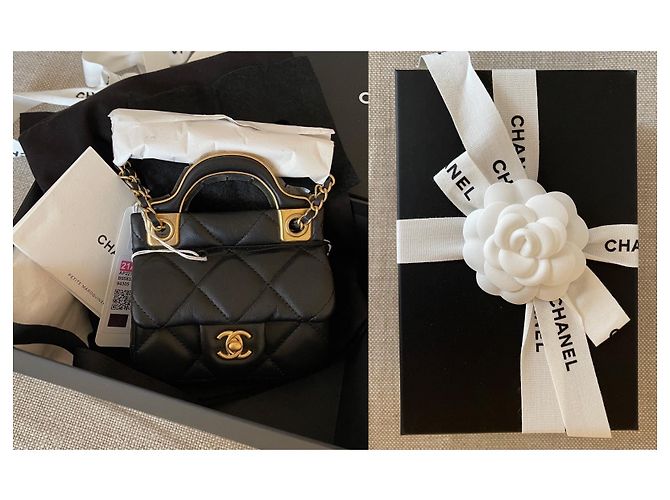 Chanel Kartenetui aus schwarzem Kalbsleder mit Goldkette - Ansicht 12
