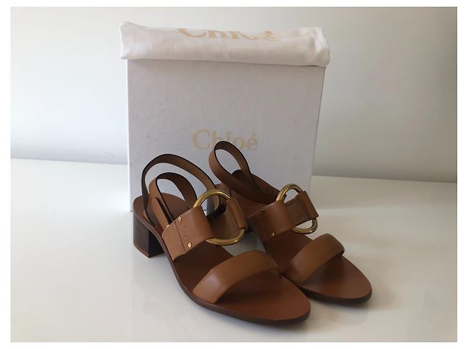 Sandali Chloé in pelle marrone con logo dorato - vista 10