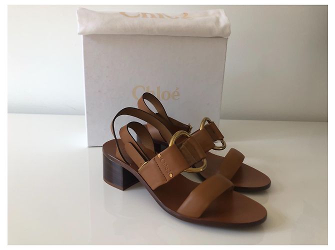 Sandali Chloé in pelle marrone con logo dorato - vista 9