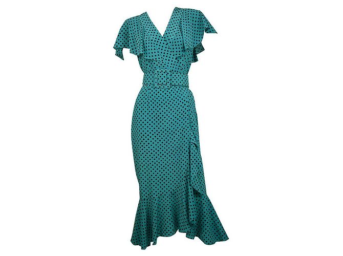 Michael Kors Seidenkleid Türkis Schwarz Polka Dot Lang - Ansicht 10
