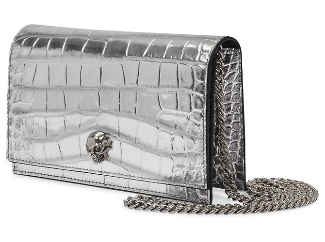 Alexander Mcqueen Mini borsa Skull in pelle goffrata argento - vista 2
