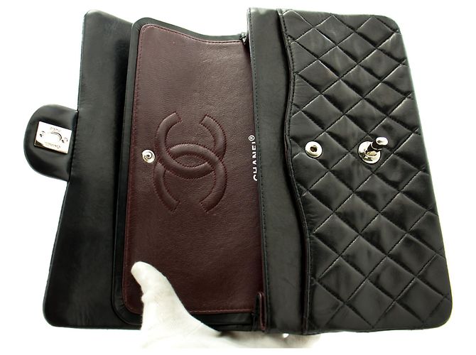 Chanel 2.55 Borsa a tracolla con catena media argento foderata con patta nera Nero - vista 11