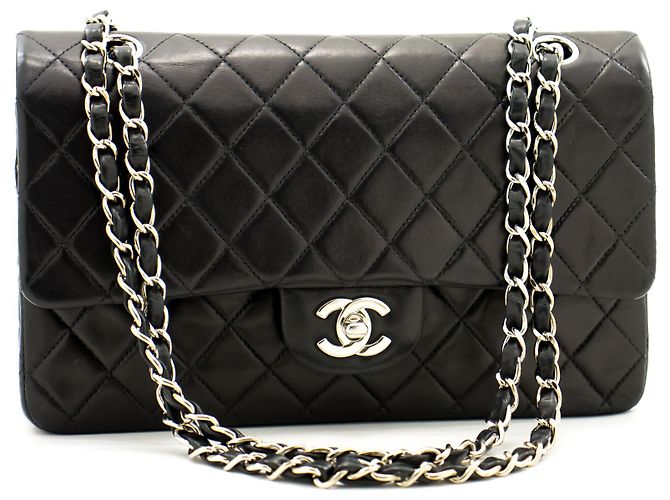 Chanel 2.55 Borsa a tracolla con catena media argento foderata con patta nera Nero - vista 2