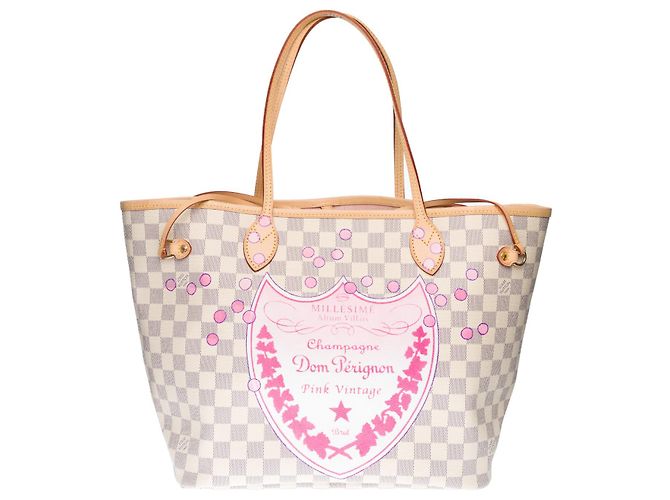 Saco de compras de modelo médio Louis Vuitton Neverfull em tela azul damier personalizada "Pantera cor de rosa e bolhas de champanhe" Bege - vista 2