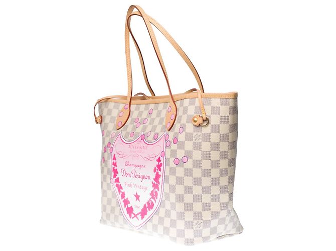 Saco de compras de modelo médio Louis Vuitton Neverfull em tela azul damier personalizada "Pantera cor de rosa e bolhas de champanhe" Bege - vista 3