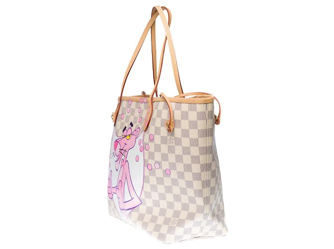 Saco de compras de modelo médio Louis Vuitton Neverfull em tela azul damier personalizada "Pantera cor de rosa e bolhas de champanhe" Bege - vista 4
