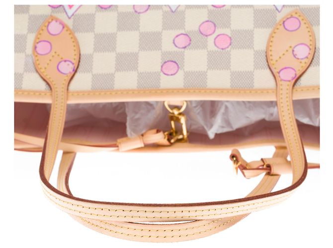Saco de compras de modelo médio Louis Vuitton Neverfull em tela azul damier personalizada "Pantera cor de rosa e bolhas de champanhe" Bege - vista 9