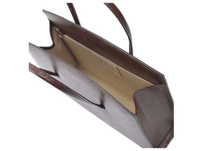 Little Liffner Minimale Mini Tote aus dunkelbraunem Leder mit Eidechsenprägung - Ansicht 2
