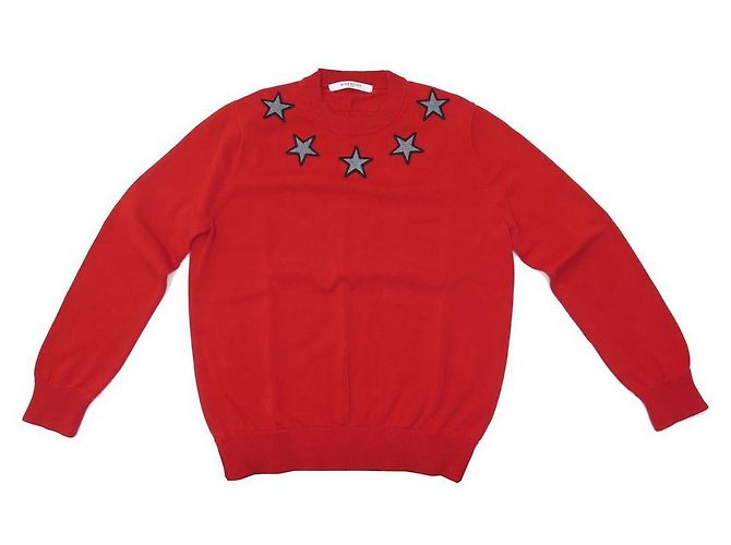 GIVENCHY PULLOVER AUS ROTER BAUMWOLLE M 38 GRAUE STERN-PATCHES AM KRAGEN RED SWEAT - Ansicht 2