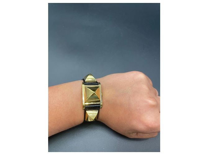 Hermès Medor Uhr vergoldet Lederarmband Gold hardware - Ansicht 7