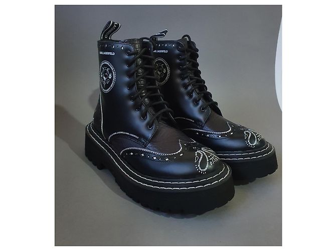 Karl Lagerfeld Brogue Schnürstiefel Schwarz Weiß Leder - Ansicht 2
