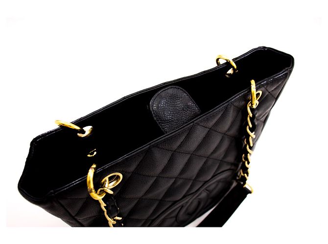 CHANEL Caviar PST Chain Shoulder Bag Compras Tote Preto Acolchoado - vista 10