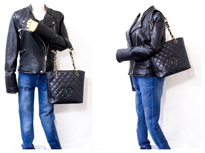 CHANEL Caviar PST Chain Shoulder Bag Compras Tote Preto Acolchoado - vista 12