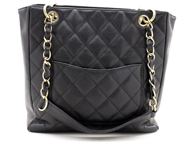 CHANEL Caviar PST Chain Shoulder Bag Compras Tote Preto Acolchoado - vista 3