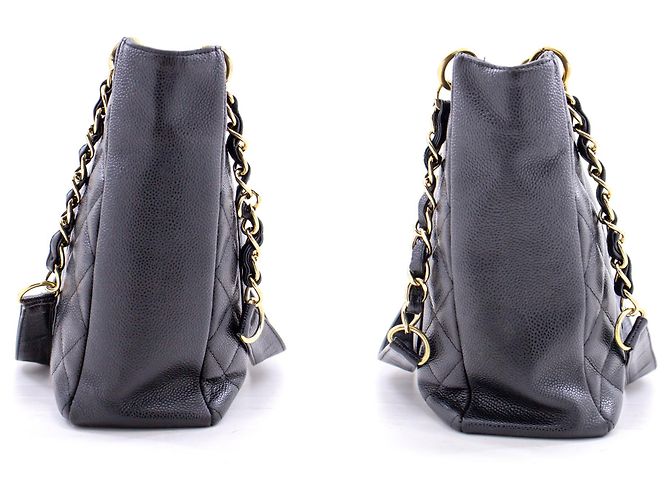 CHANEL Caviar PST Chain Shoulder Bag Compras Tote Preto Acolchoado - vista 5