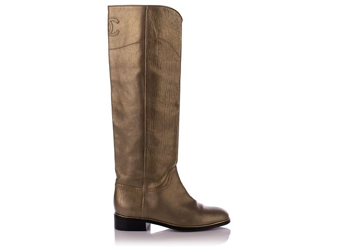 Timeless Chanel Bronze Leather High Riding Boots Metallic - view 2