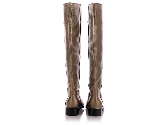 Timeless Chanel Bronze Leather High Riding Boots Metallic - view 3