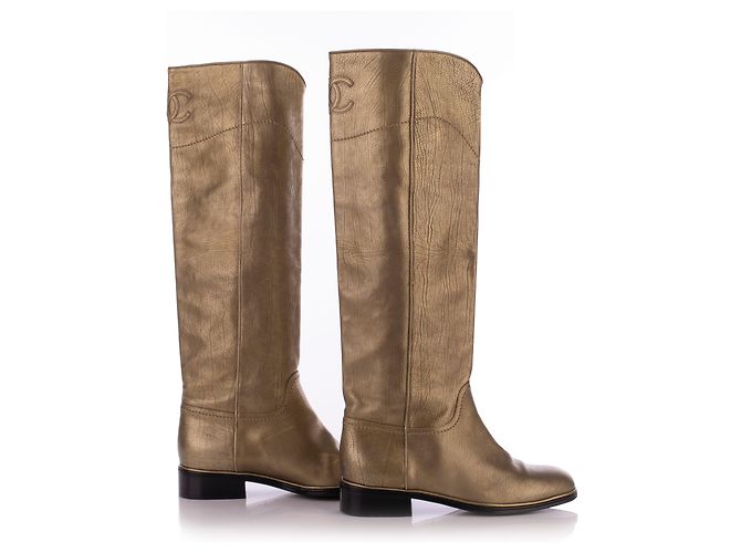 Timeless Chanel Bronze Leather High Riding Boots Metallic - view 5