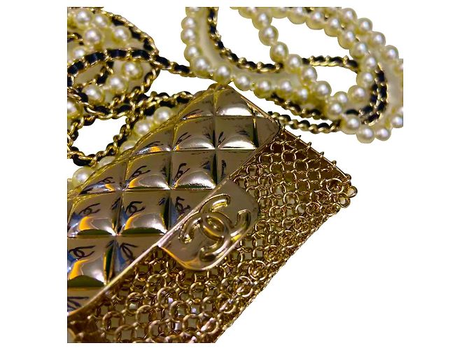 Chanel Mini Collana Oro Metallo Perle e Pelle di Agnello Gold hardware - vista 6