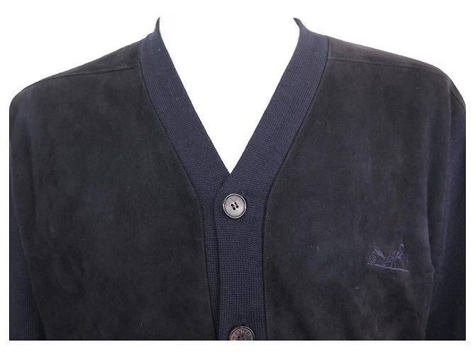 Hermès HERMES PULLOVER CARDIGAN M 48 PULLOVER AUS WILDLEDER & WOLLE KASCHMIR SEIDE MARINEBLAU - Ansicht 2