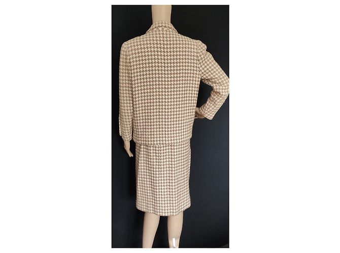 Tailleur Chanel de Saia Houndstooth Lã e Cashmere Bege Multicor - vista 10