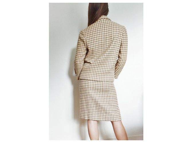 Tailleur Chanel de Saia Houndstooth Lã e Cashmere Bege Multicor - vista 2