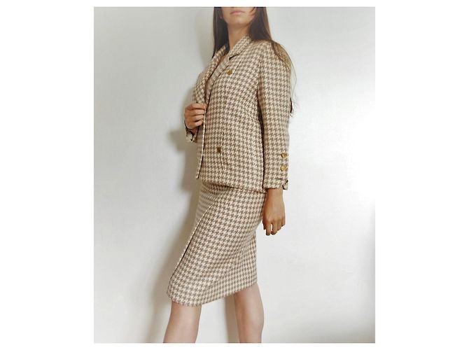 Tailleur Chanel de Saia Houndstooth Lã e Cashmere Bege Multicor - vista 3