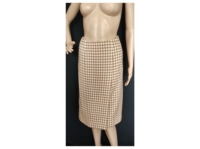 Tailleur Chanel de Saia Houndstooth Lã e Cashmere Bege Multicor - vista 5