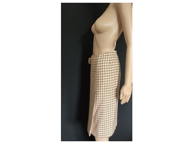 Tailleur Chanel de Saia Houndstooth Lã e Cashmere Bege Multicor - vista 6