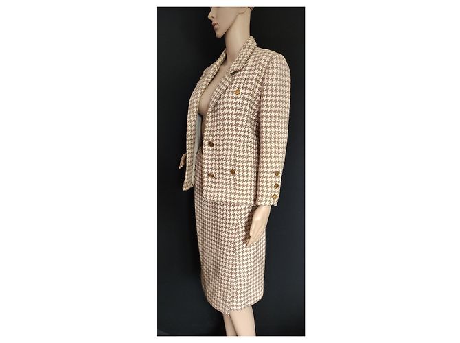 Tailleur Chanel de Saia Houndstooth Lã e Cashmere Bege Multicor - vista 7