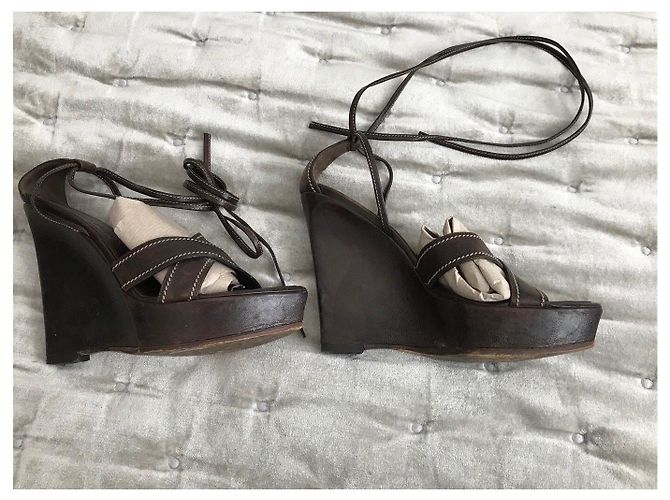 Yves Saint Laurent Sandali con zeppa vintage YSL Rive Gauche Marrone - vista 3