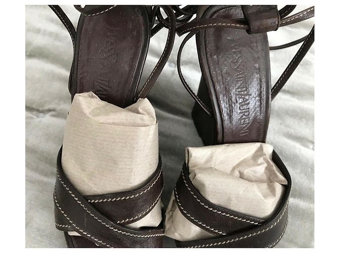 Yves Saint Laurent Sandali con zeppa vintage YSL Rive Gauche Marrone - vista 7