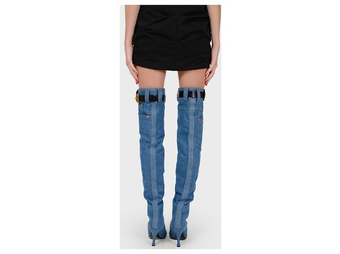 Botas altas Versace de piel y denim azul - vista 3